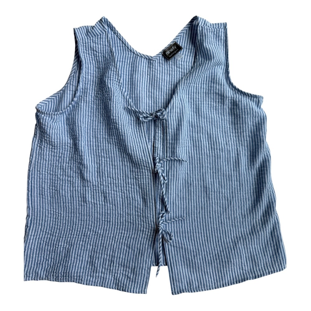 Ninety Clothing Co Blue White Striped Tie Front Sleeveless V-Neck Top Medium